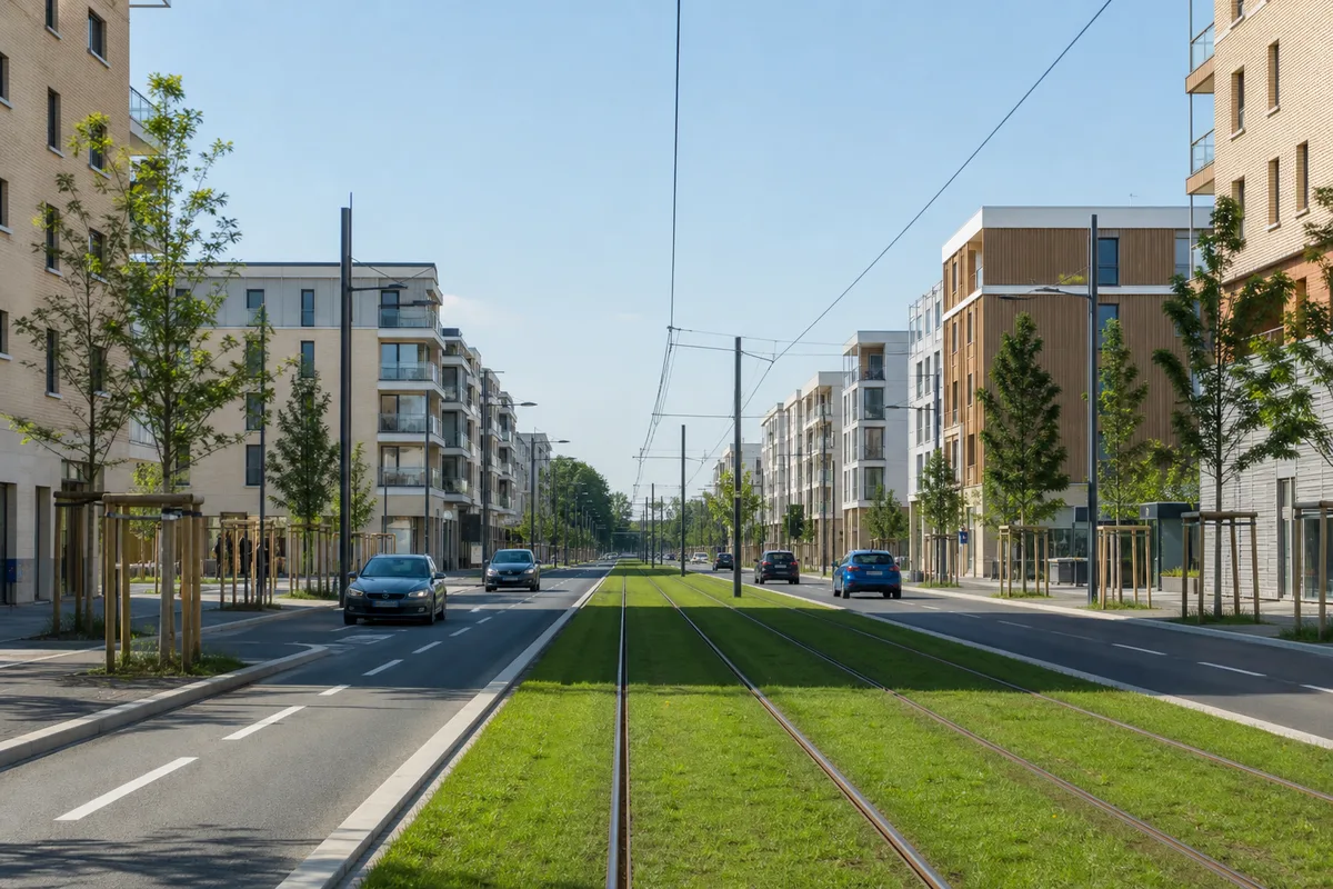 Avenue large du secteur Bordeaux Lac avec voie de tramway en journée