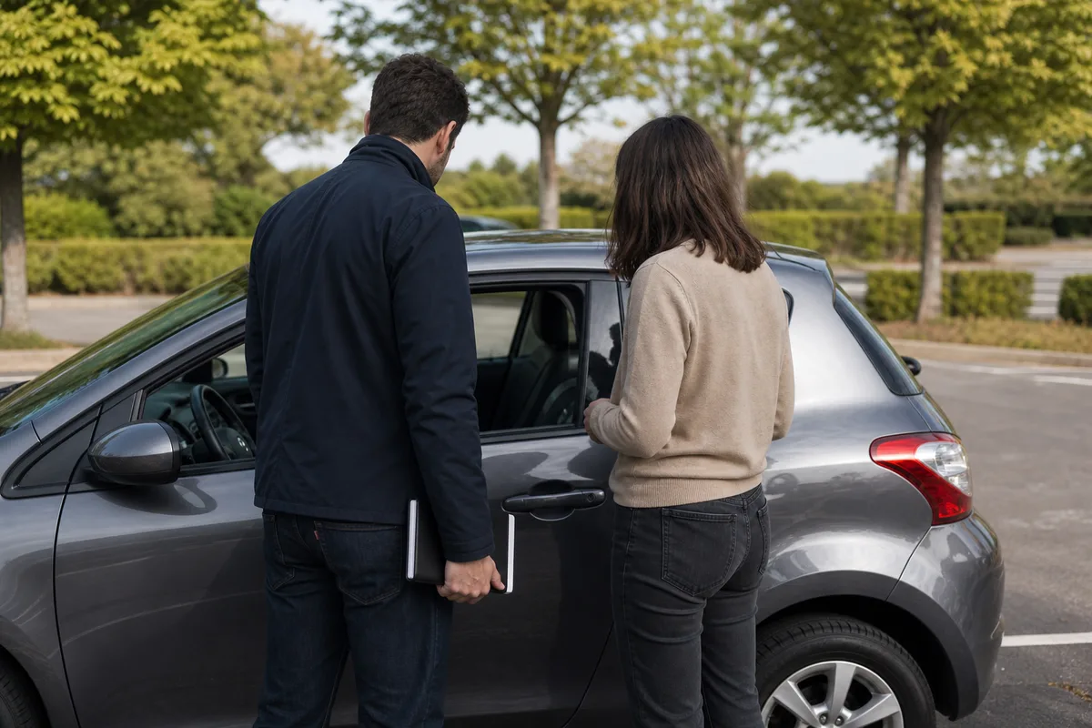 Élève et moniteur devant un véhicule d école de conduite sur un parking arboré