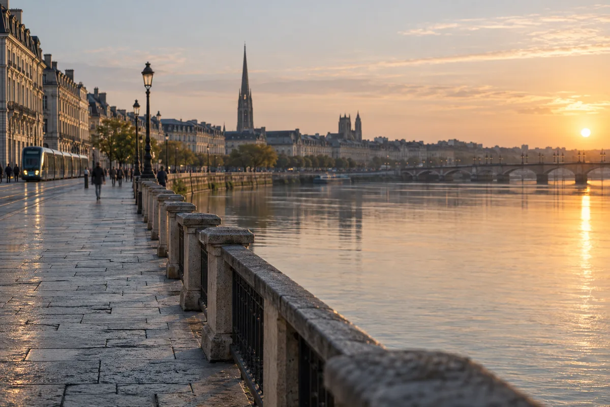 Quais de Bordeaux au petit matin avec un tramway flou au loin