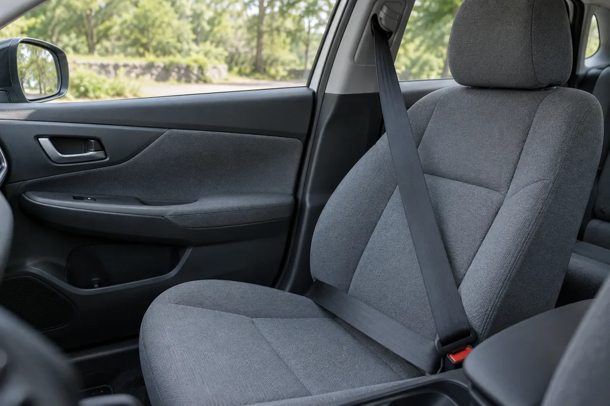 Siège passager vide et ceinture bouclée dans une voiture à l&rsquo;arrêt