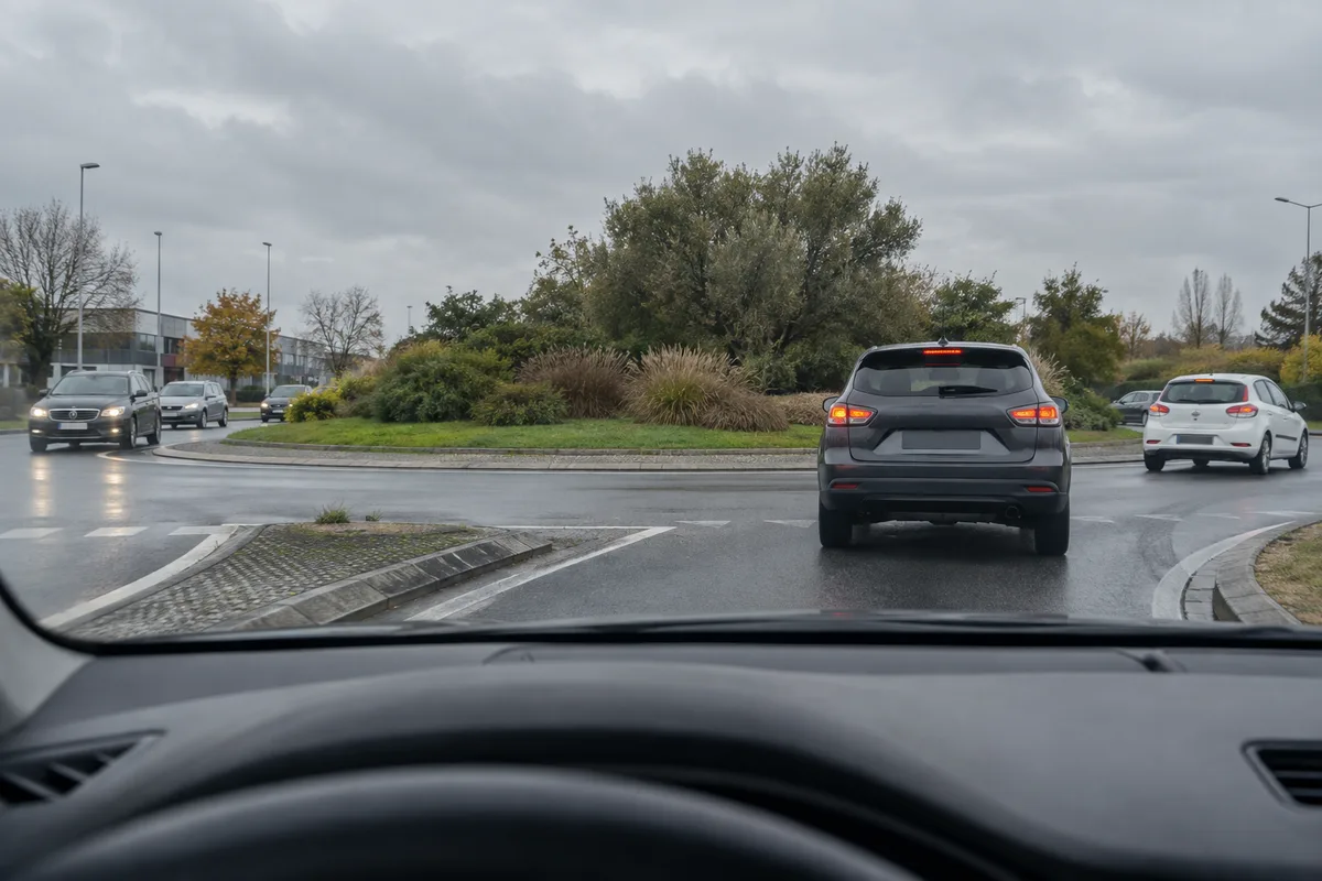 Rond-point de périphérie vu depuis l&rsquo;habitacle d&rsquo;une voiture