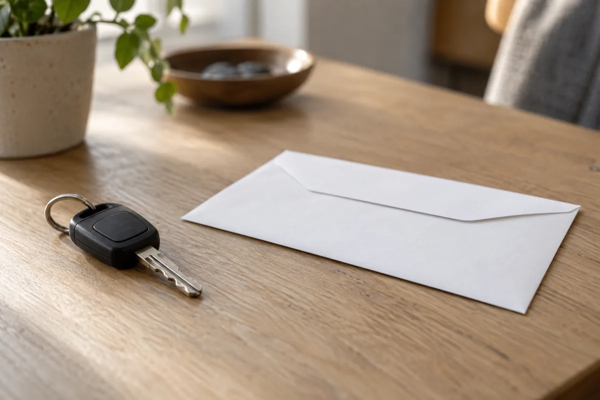 Clé de voiture posée près d&rsquo;une enveloppe fermée sur une table en bois