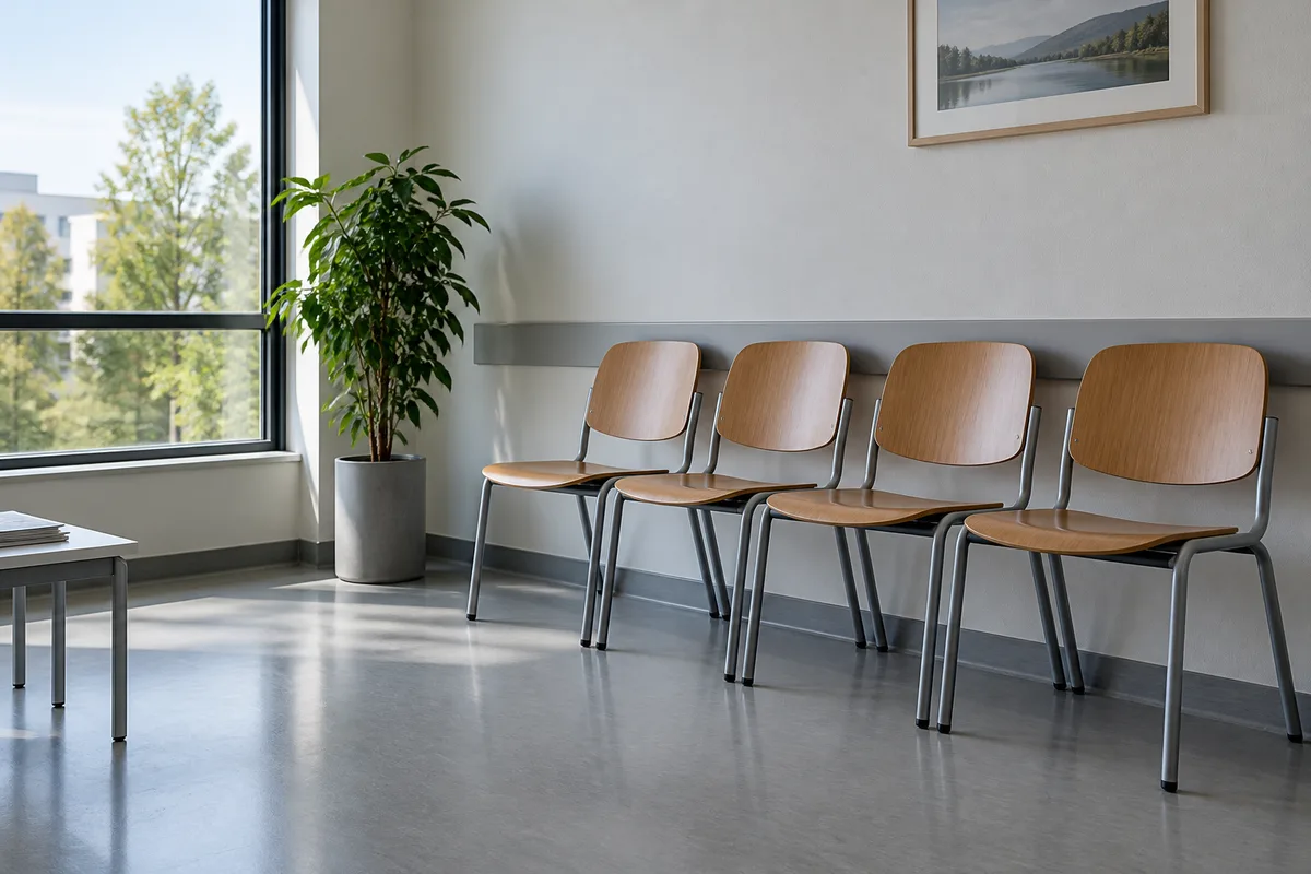 Salle d&rsquo;attente vide avec des chaises alignées le long d&rsquo;un mur clair