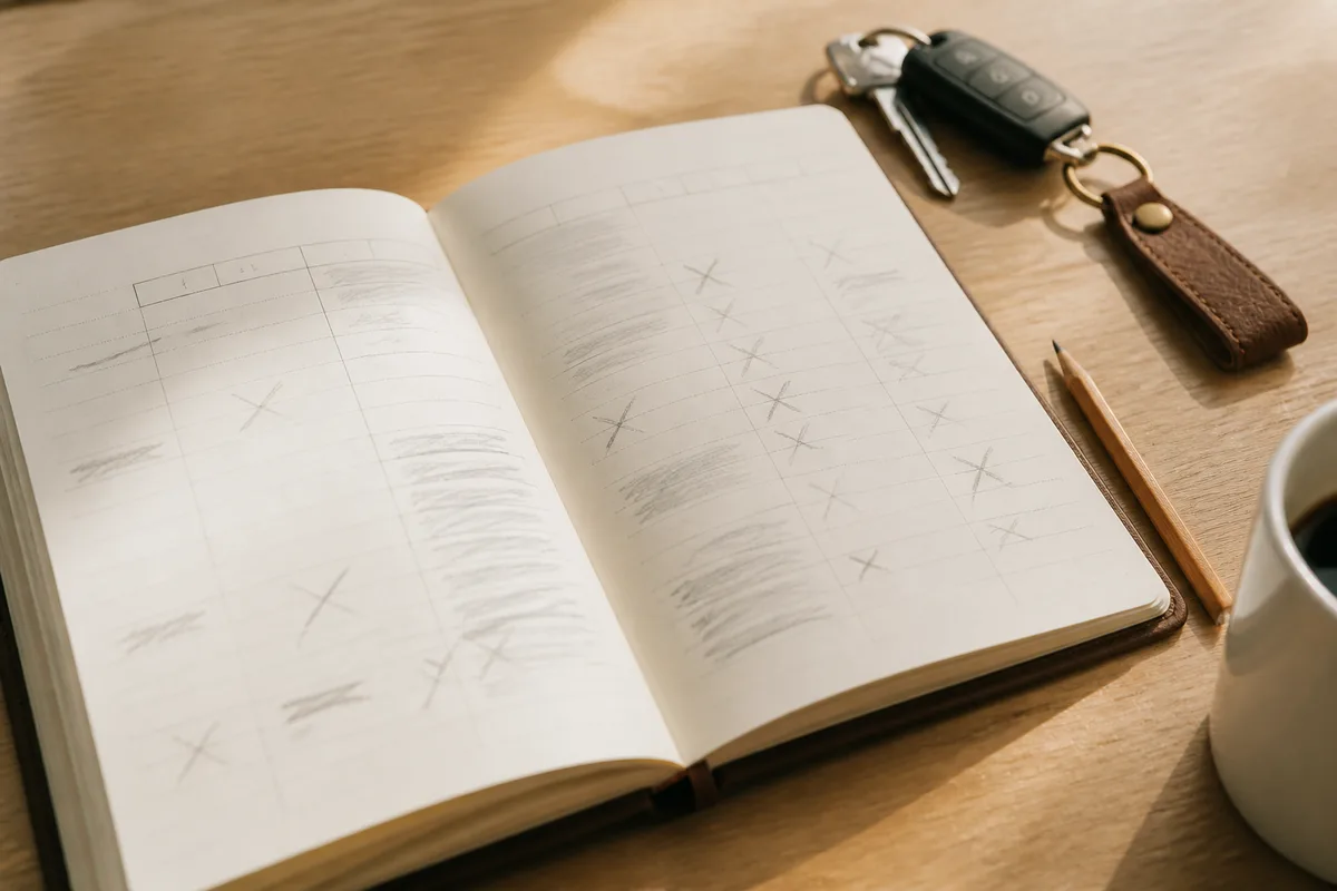 Agenda de planning hebdomadaire annoté posé à côté d un jeu de clés de voiture