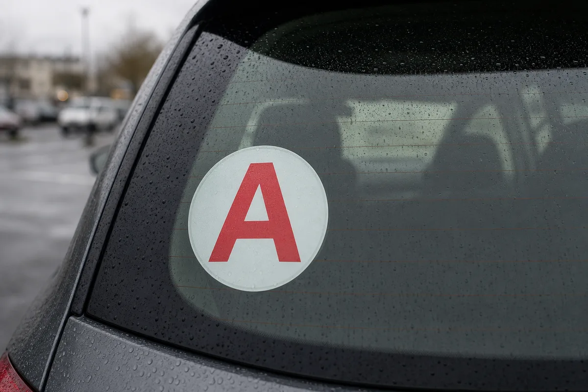 Disque A rouge apposé sur la lunette arrière d&rsquo;une voiture conduite par un jeune conducteur en période probatoire