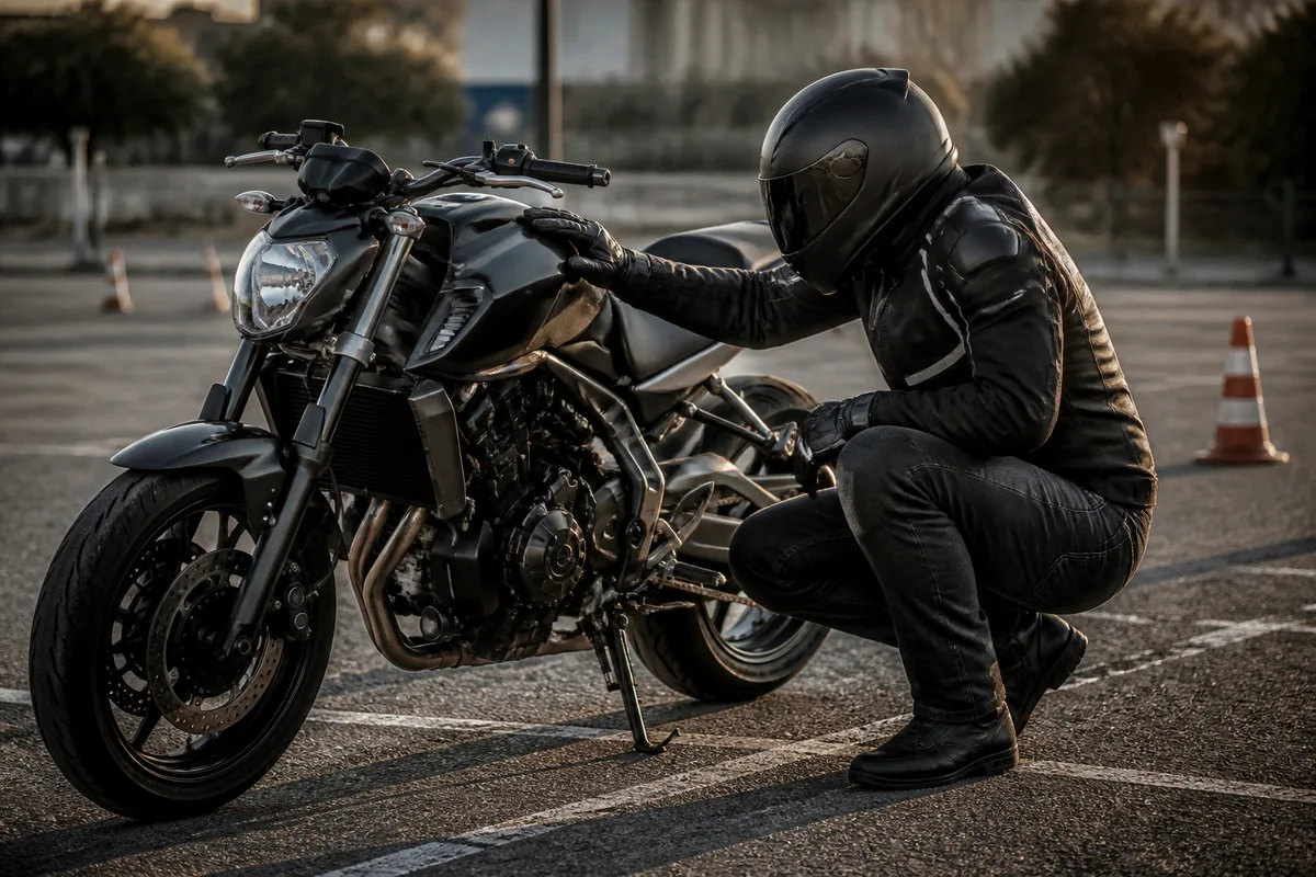Motard en équipement complet vérifiant sa machine avant un cours de conduite